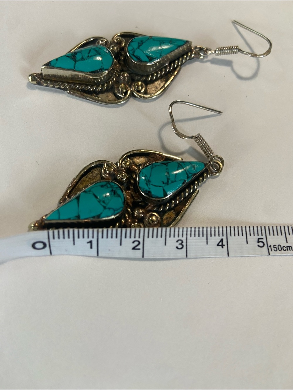 Tibetan Turquoise Teardrop Earrings in 925 Sterling Silver. - Picture 13 of 15